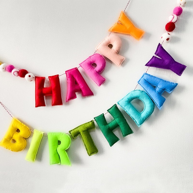 Khazna PreStrung Happy Birthday Banner Felt Ball Garland HAPPY BIRTHDAY Garland Rainbow Birthday Decorations Personalized Happy Birthday Sign for Birthday Decor Party Decor Photo Prop - Image 1
