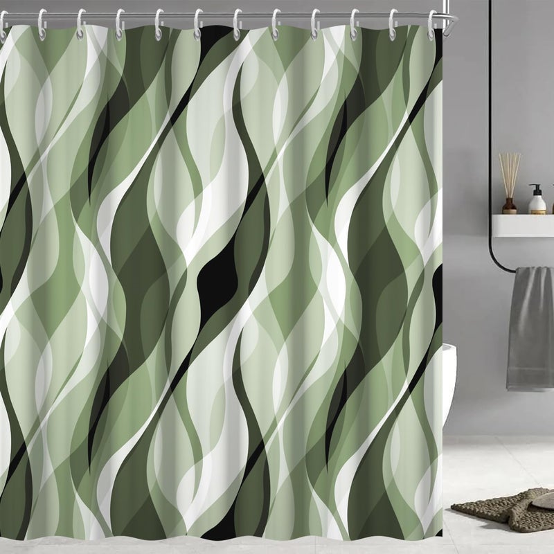 Ruelvth Sage Green Shower Curtain Abstract Ombre Green and Grey Striped Shower Curtain Set for Bathroom Waterproof Polyester Shower Curtain with Hooks 72x72 Inch