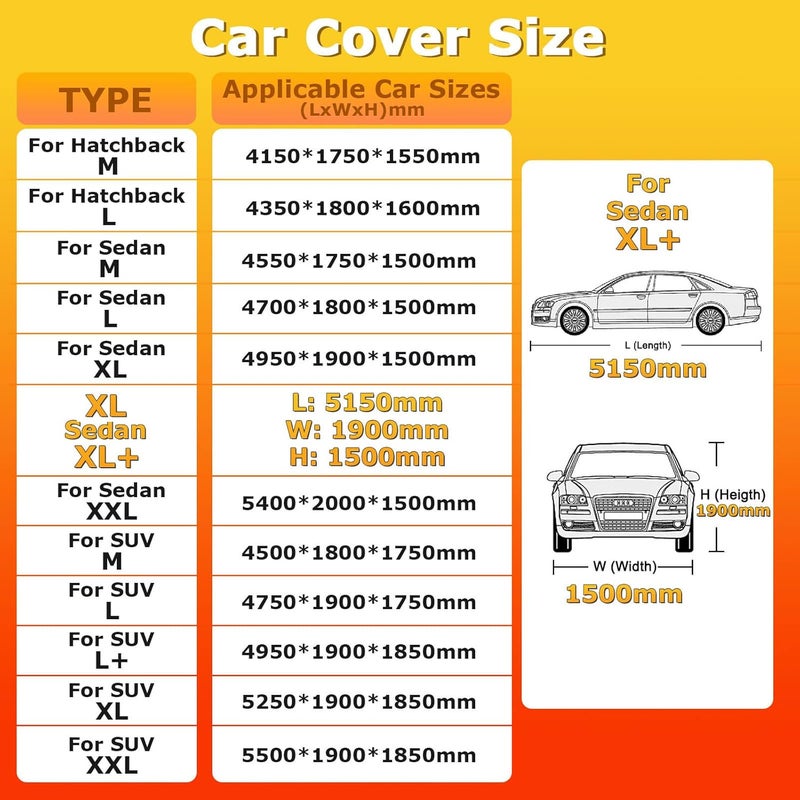 YSOAE Car Cover Waterproof, Hatchback/Sedan/SUV All Weather for Automobiles, Full Exterior Covers with Zipper Cotton, Outdoor Sun Snow Protection Universal (For Sedan XL+) - Image 3