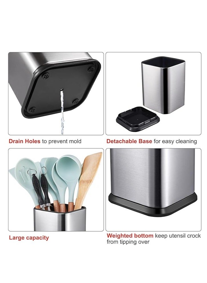 Stainless Steel Kitchen Utensil Holder for Countertop, Spoon Spatula Organizer,Modern Rectangular Large Cooking Utensil Caddy Counter,Utensil Crock Silver