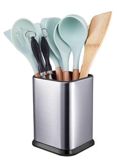 Arabest Stainless Steel Kitchen Utensil Holder for Countertop, Spoon Spatula Organizer,Modern Rectangular Large Cooking Utensil Caddy Counter,Utensil Crock Silver  - Image 1