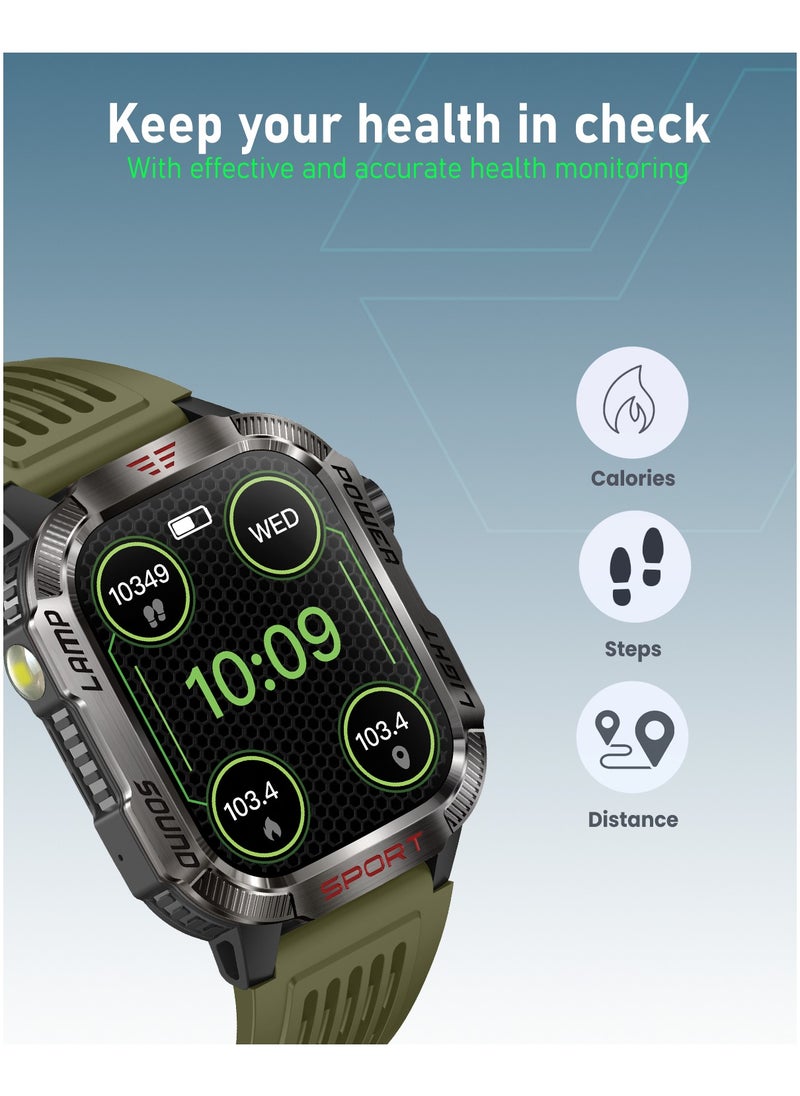 Moxedo Moxedo Warrior Military Smart Watch with LED Flash Light 2.01 IPS HD Large Display Sport Smart Watch Bluetooth Calling, 100+ Watch Faces with Built-in Compass for Android and iOS- Green  - Image 2
