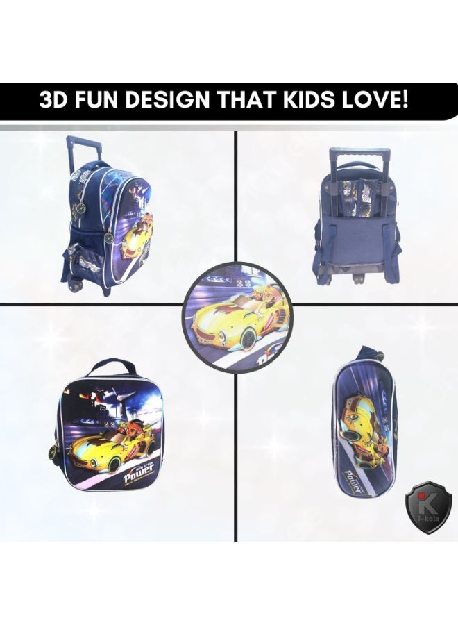 i-kola Yellow Cars 15T3 15-Inch 3D 3PC Kids Trolley Set | Rolling School Bag with Spill-Proof Lunch Bag & Pencil Case | Wheeled School Luggage for Boys & Girls (IK254-15T3) - Image 4