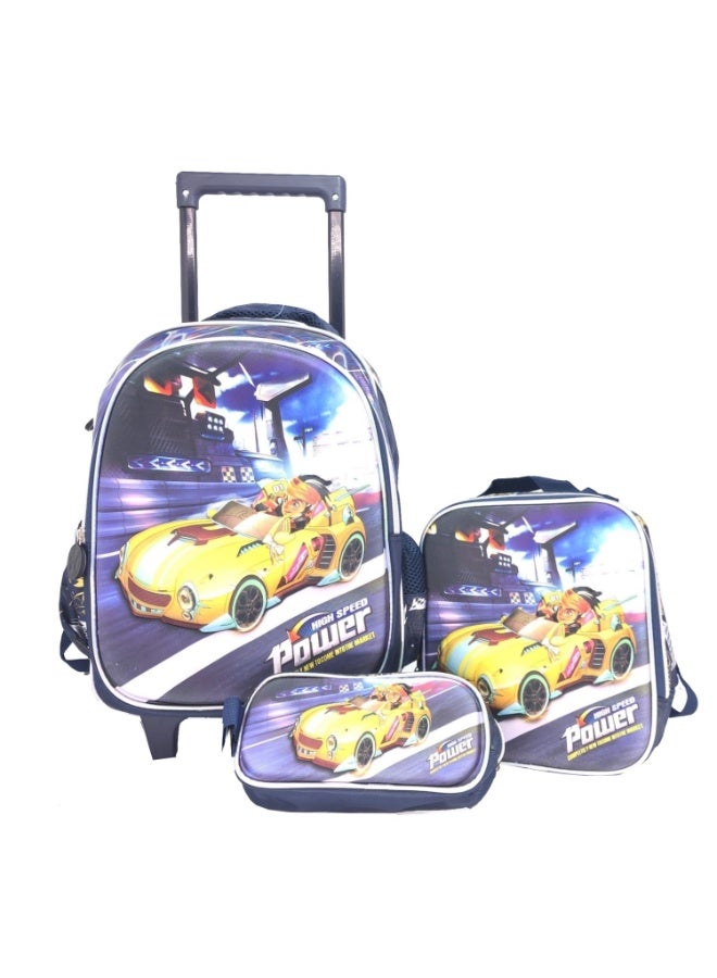 i-kola Yellow Cars 15T3 15-Inch 3D 3PC Kids Trolley Set | Rolling School Bag with Spill-Proof Lunch Bag & Pencil Case | Wheeled School Luggage for Boys & Girls (IK254-15T3) - Image 1