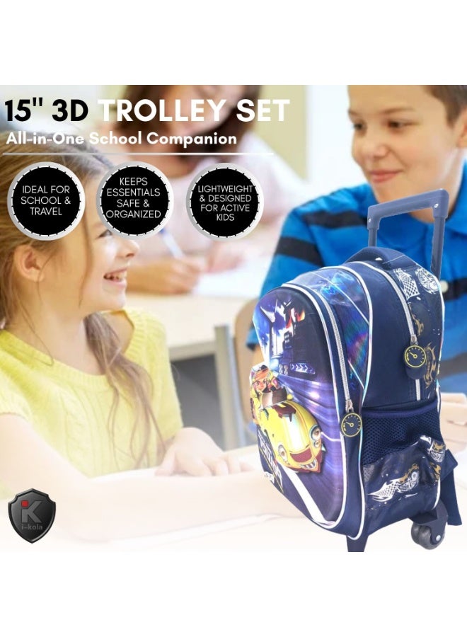 i-kola Yellow Cars 15T3 15-Inch 3D 3PC Kids Trolley Set | Rolling School Bag with Spill-Proof Lunch Bag & Pencil Case | Wheeled School Luggage for Boys & Girls (IK254-15T3) - Image 3