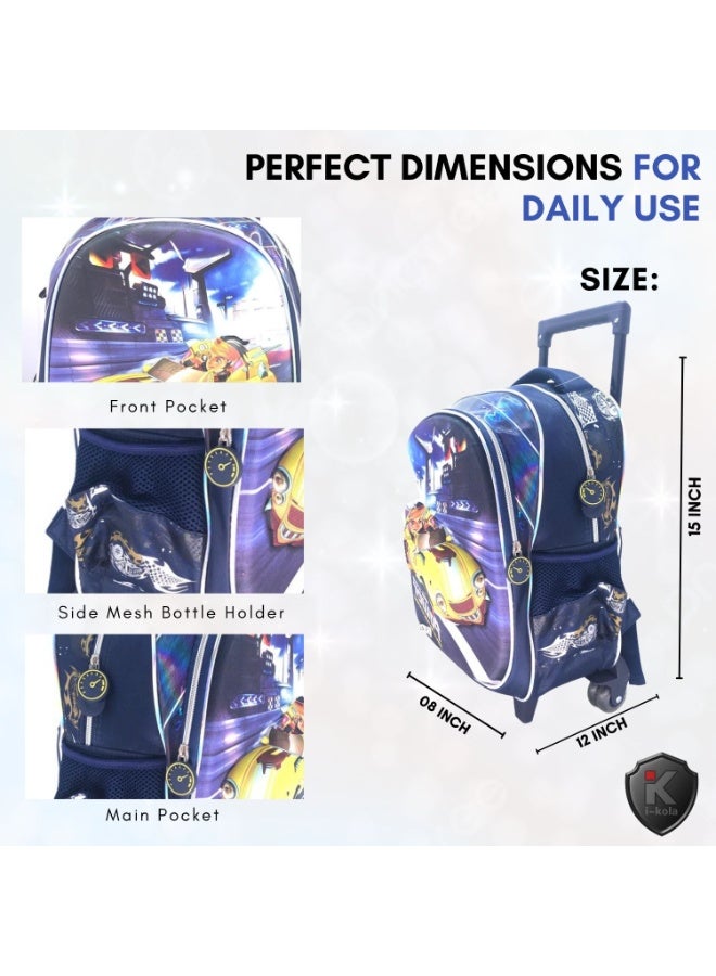 i-kola Yellow Cars 15T3 15-Inch 3D 3PC Kids Trolley Set | Rolling School Bag with Spill-Proof Lunch Bag & Pencil Case | Wheeled School Luggage for Boys & Girls (IK254-15T3) - Image 2