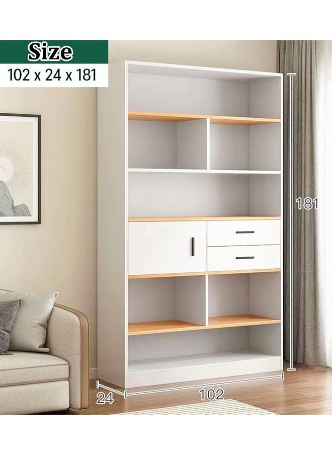 fashionhome - Multipurpose Multi-Tier Wooden Bookshelf Large Storage Display Rack with Drawers Vertical Freestanding Floor Shelf Bookcase for Living Room Home Office 102x24x181 cm - Image 1