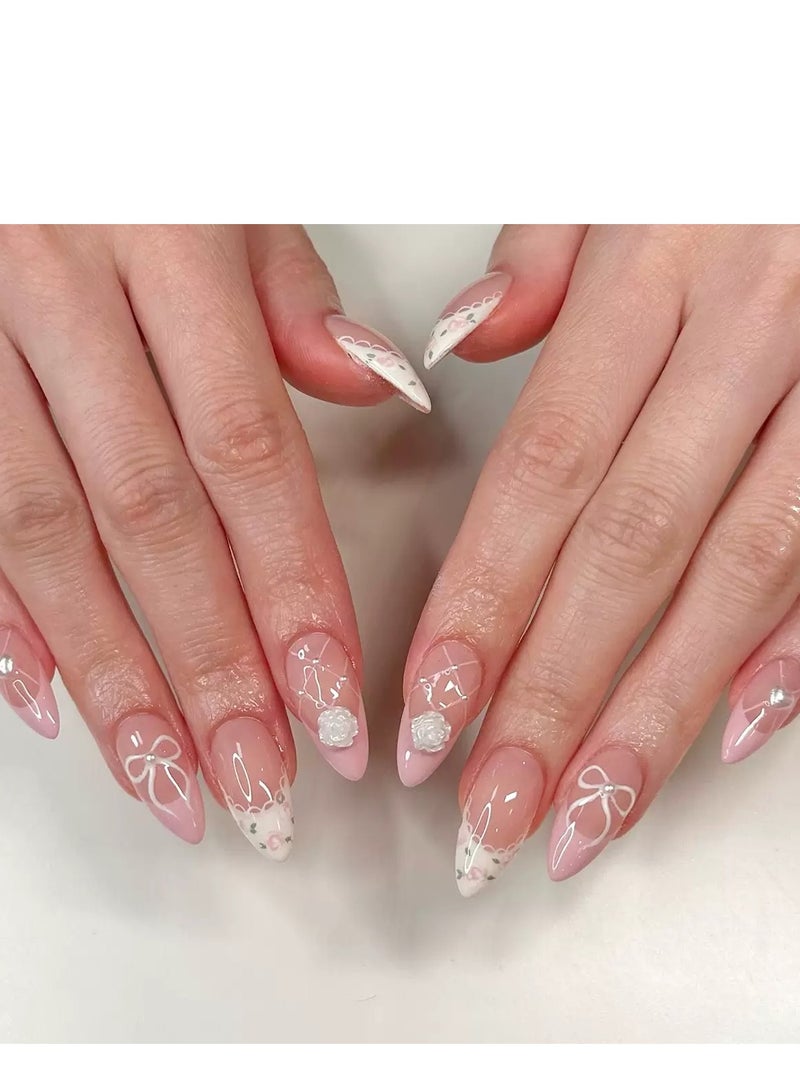 جوسكوين أظافر لاصقة جاهزة للاستخدام، 24 قطعة، مع لمسات من الكريستال الزخرفية وتصميم زهور الكاميليا ثلاثية الأبعاد، مجموعة من 24 قطعة فنية منتعشة، مثالية للاستخدام اليومي. مجموعة أظافر أكريليك مع لاصق. - Image 1