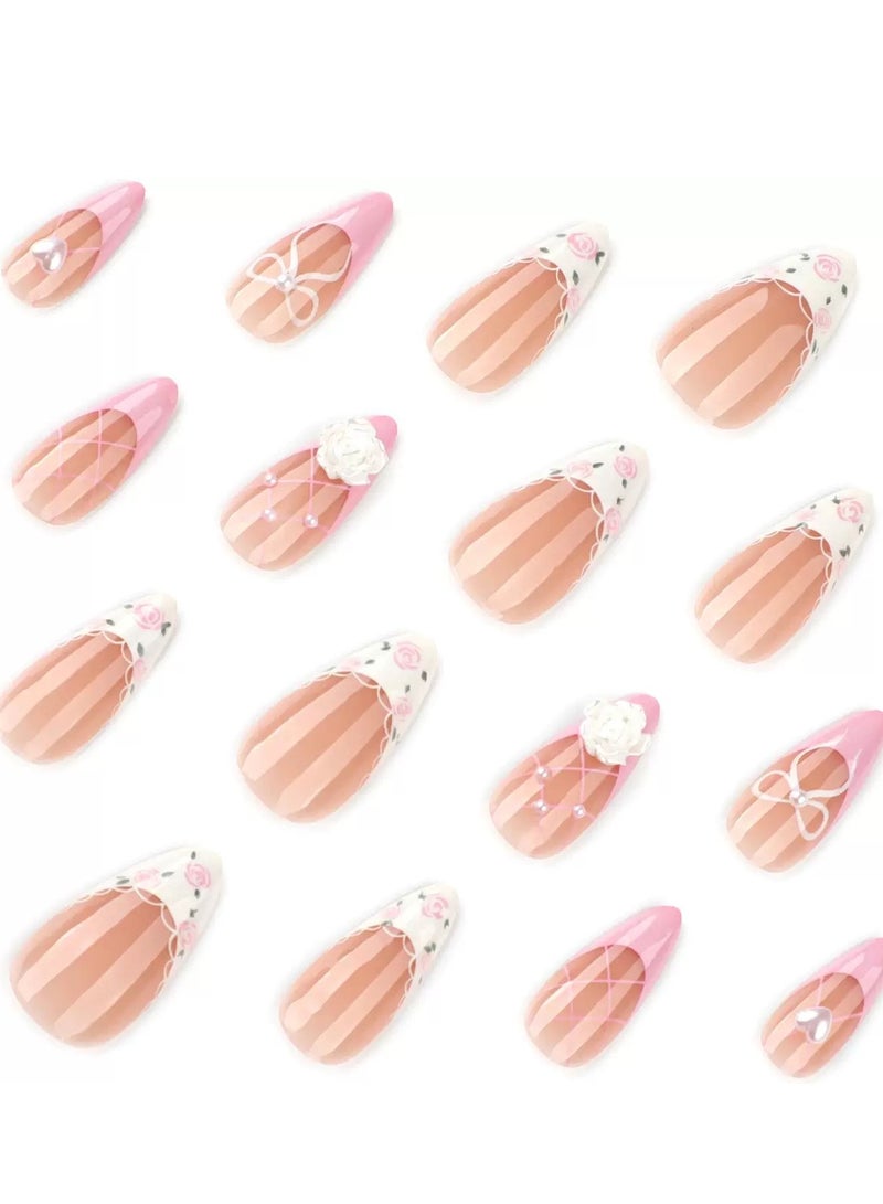 جوسكوين أظافر لاصقة جاهزة للاستخدام، 24 قطعة، مع لمسات من الكريستال الزخرفية وتصميم زهور الكاميليا ثلاثية الأبعاد، مجموعة من 24 قطعة فنية منتعشة، مثالية للاستخدام اليومي. مجموعة أظافر أكريليك مع لاصق. - Image 4