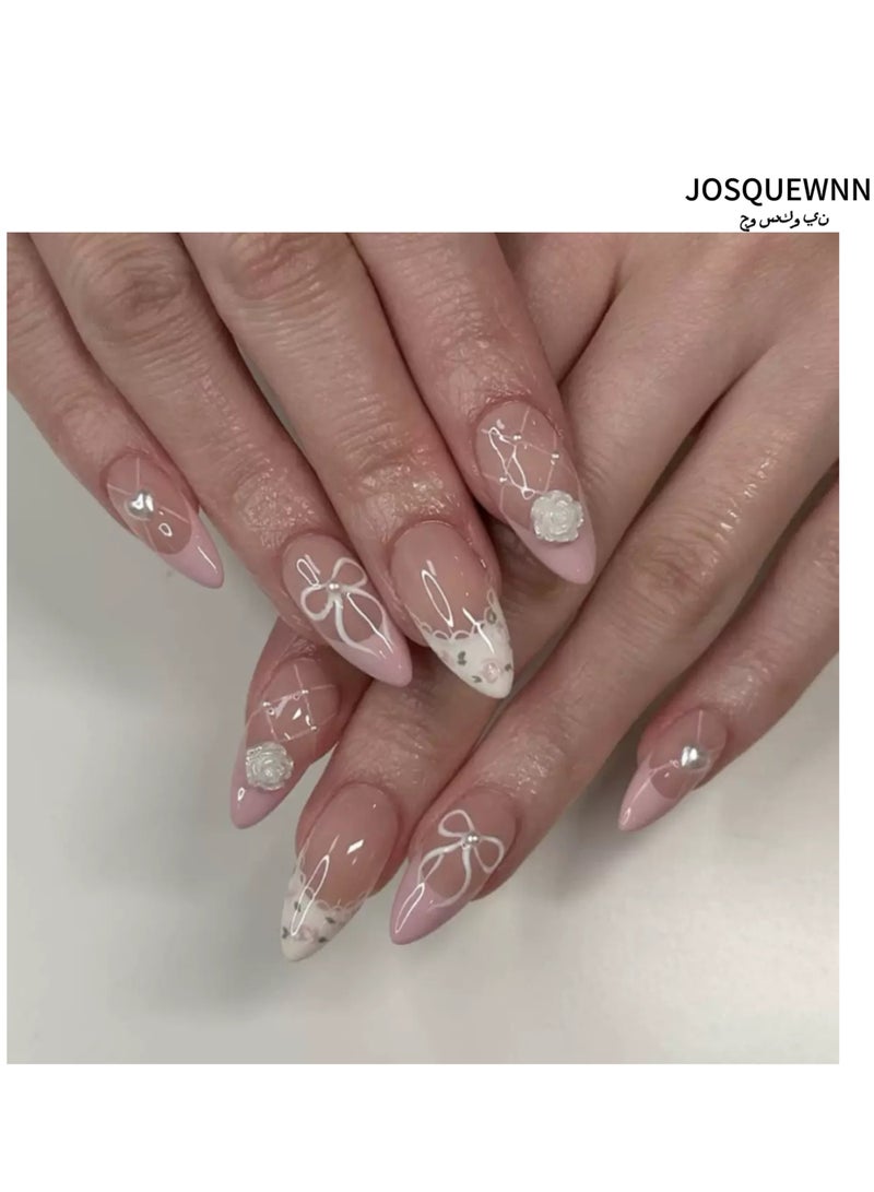 جوسكوين أظافر لاصقة جاهزة للاستخدام، 24 قطعة، مع لمسات من الكريستال الزخرفية وتصميم زهور الكاميليا ثلاثية الأبعاد، مجموعة من 24 قطعة فنية منتعشة، مثالية للاستخدام اليومي. مجموعة أظافر أكريليك مع لاصق. - Image 2