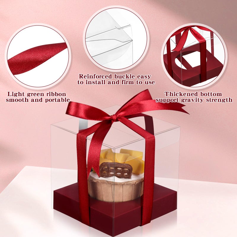 Thenshop 50 Pcs Clear Cupcake Boxes Individual 3.5 Inch Plastic Single Cupcake Containers Boxes with Inserts and Ribbon Individual Cake Storage Holders for Cake Kitchen(Claret) - Image 3