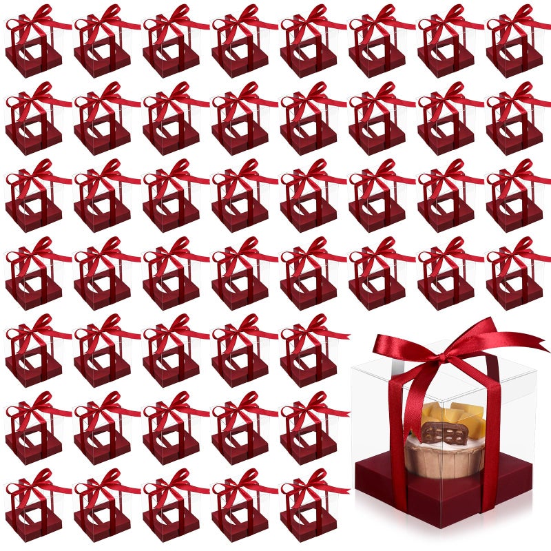 Thenshop 50 Pcs Clear Cupcake Boxes Individual 3.5 Inch Plastic Single Cupcake Containers Boxes with Inserts and Ribbon Individual Cake Storage Holders for Cake Kitchen(Claret) - Image 1