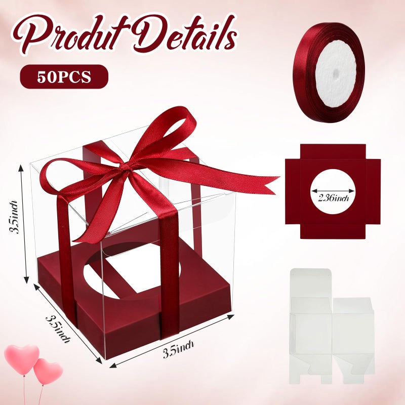 Thenshop 50 Pcs Clear Cupcake Boxes Individual 3.5 Inch Plastic Single Cupcake Containers Boxes with Inserts and Ribbon Individual Cake Storage Holders for Cake Kitchen(Claret) - Image 2