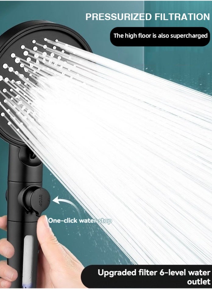 مودي رأس دش عالي الضغط مزود بثلاثة فلاتر و6 أوضاع رش - رشاش دش محمول مزود بزر إيقاف للاستخدام في الحمامات والسبا - رمادي - Image 1