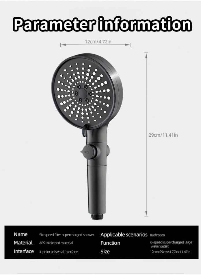 مودي رأس دش عالي الضغط مزود بثلاثة فلاتر و6 أوضاع رش - رشاش دش محمول مزود بزر إيقاف للاستخدام في الحمامات والسبا - رمادي - Image 2