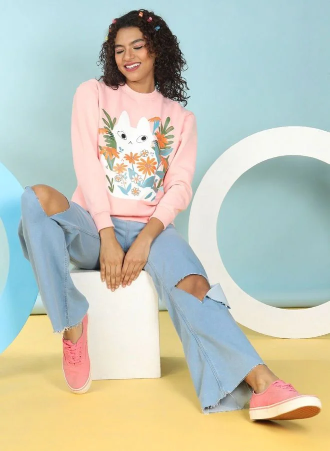 Freehand  Women Regular Fit Printed Crew Neck Long Sleeve Overhead-Crewneck Sweatshirt  | Best Price UAE