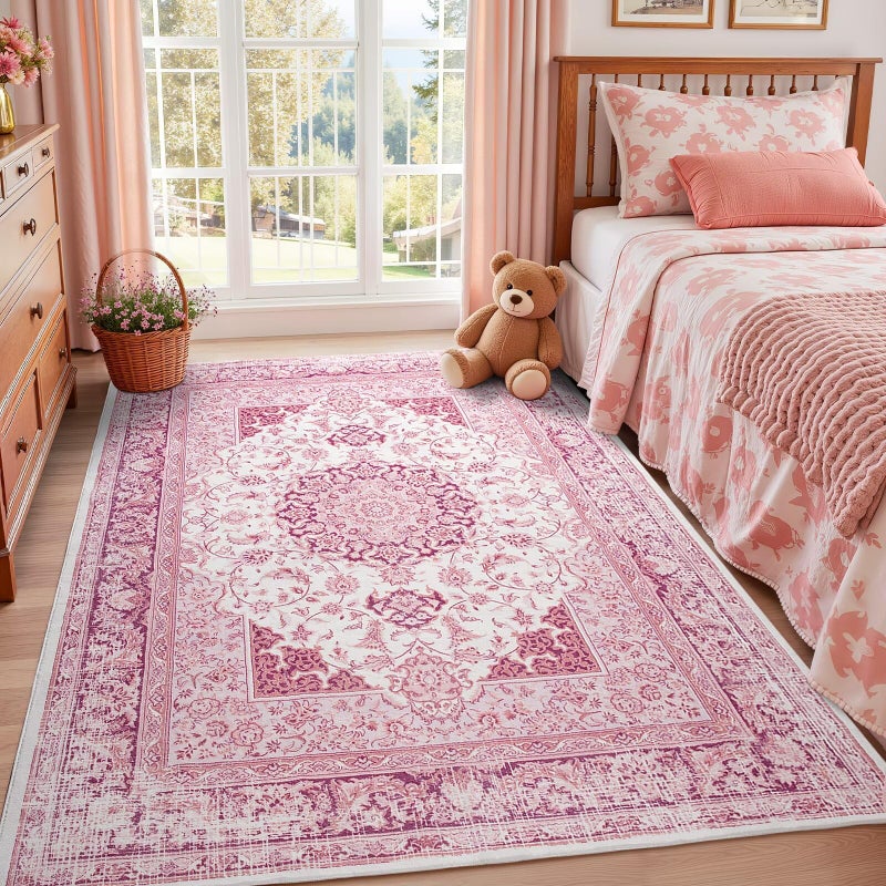 Macgace 5x7 Bright Pink Area Rug for Living Room, Machine Washable Rugs with Non-Slip Backing for Girls Bedroom, Cute Vintage Carpet for Kitchen Laundry Kids Room - Image 1