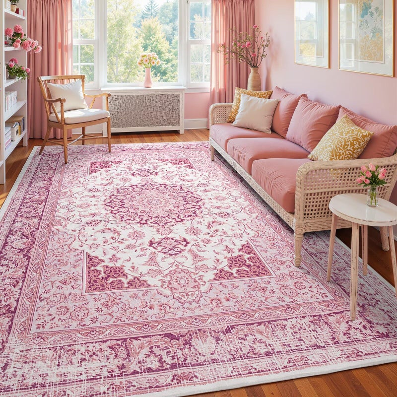 Macgace 5x7 Bright Pink Area Rug for Living Room, Machine Washable Rugs with Non-Slip Backing for Girls Bedroom, Cute Vintage Carpet for Kitchen Laundry Kids Room - Image 2