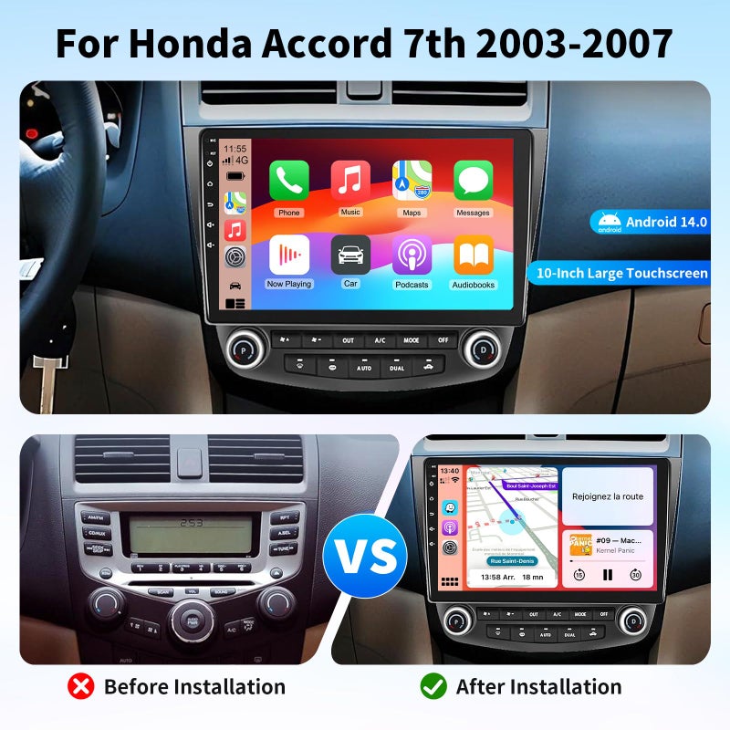 GTVFS Car Stereo for Honda Accord 2003-2007, Android 14 Head Unit 2G+64G 10.1'' Touchscreen, Wireless CarPlay & Android Auto, GPS Navigation, Bluetooth, 5G WiFi, 1080P Backup Camera, Steering Wheel Control - Image 2