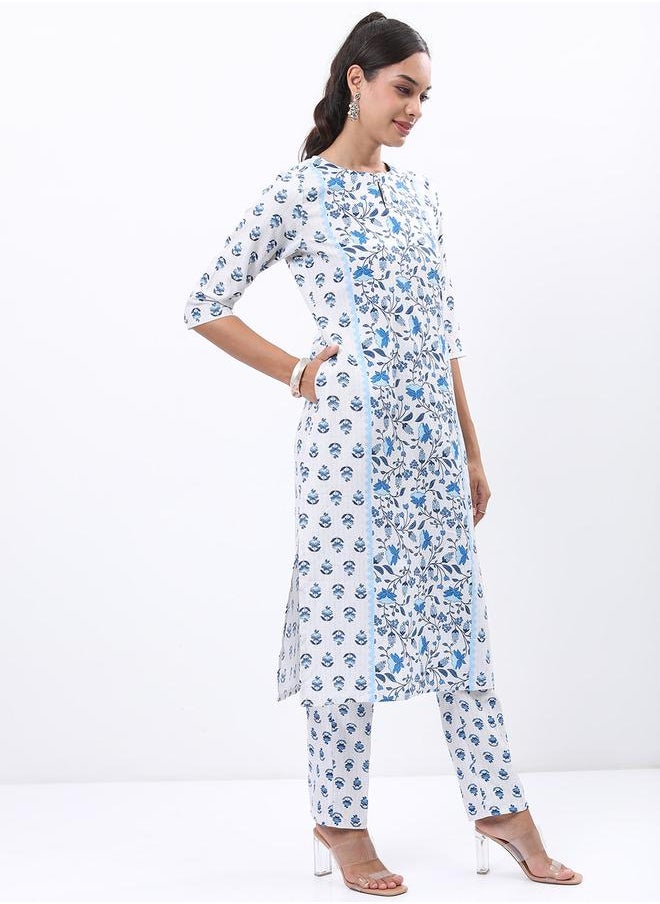 Vishudh - Women White & Blue Floral Printed Kurta Set by Styli - Image 1
