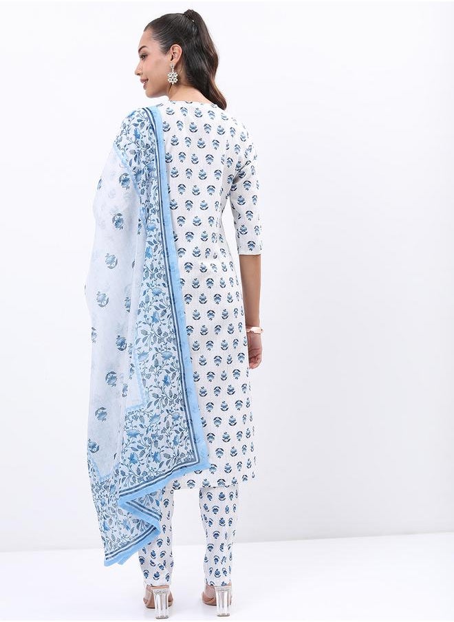 Vishudh - Women White & Blue Floral Printed Kurta Set by Styli - Image 1