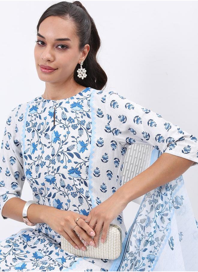 Vishudh - Women White & Blue Floral Printed Kurta Set by Styli - Image 1
