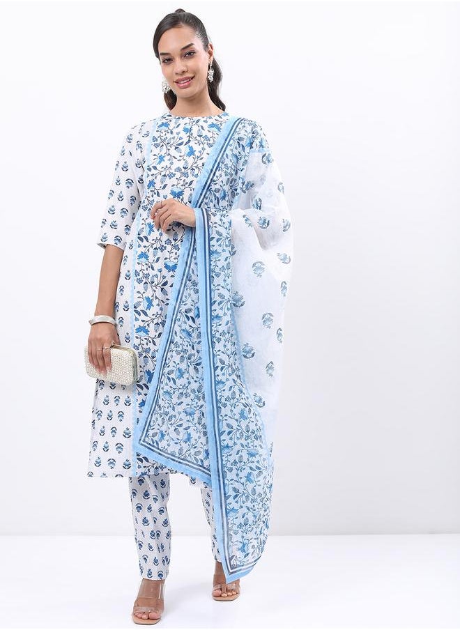Vishudh - Women White & Blue Floral Printed Kurta Set by Styli - Image 1