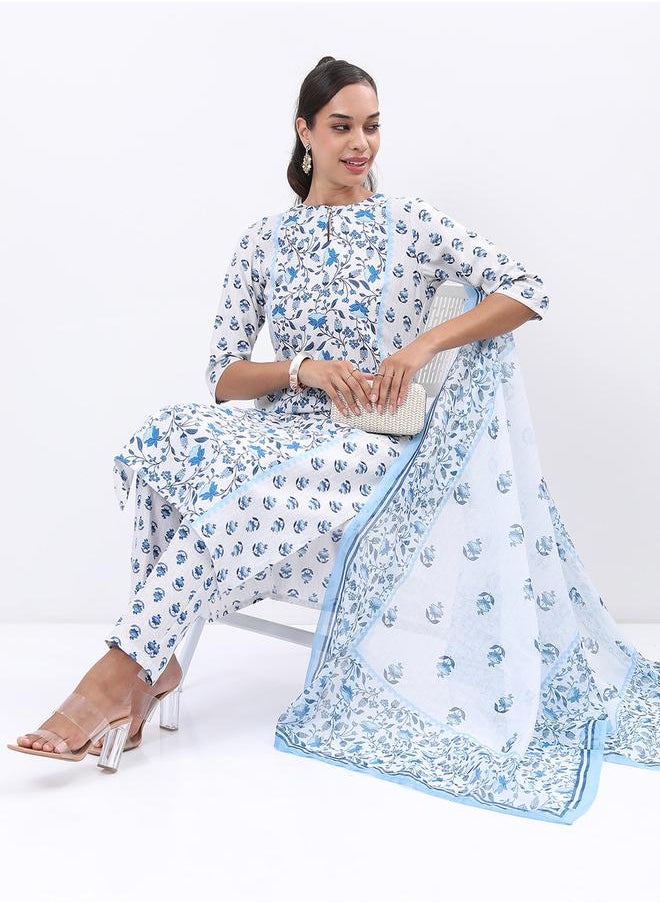 Vishudh - Women White & Blue Floral Printed Kurta Set by Styli - Image 1