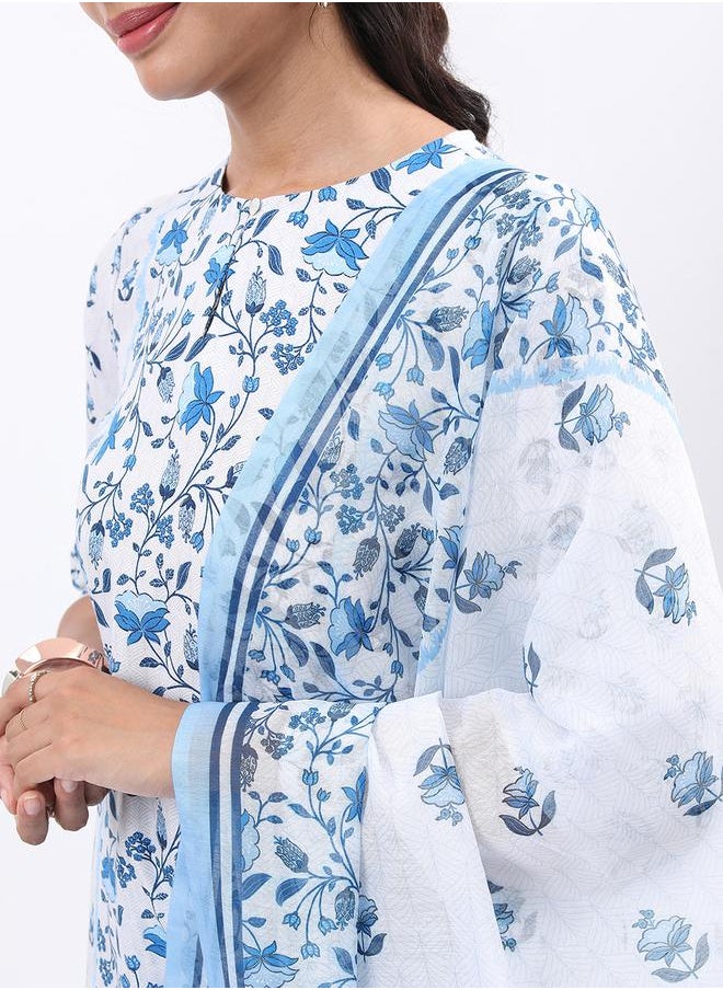 Vishudh - Women White & Blue Floral Printed Kurta Set by Styli - Image 1