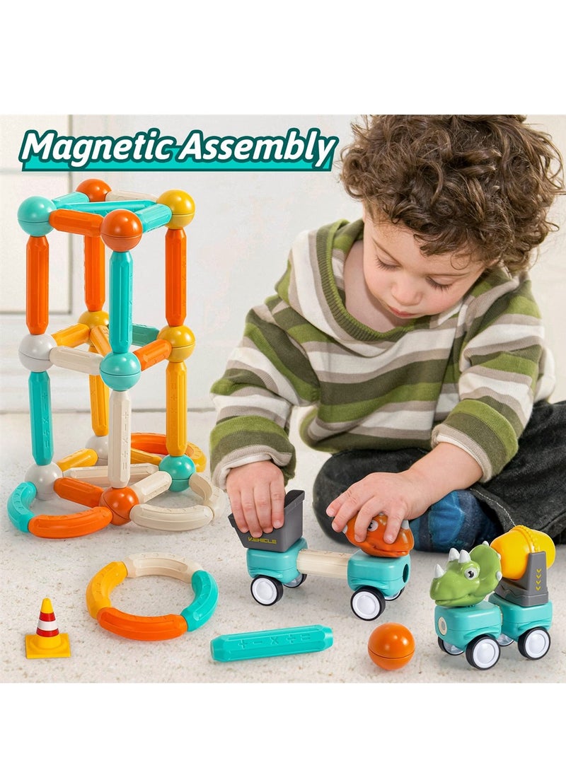 Magnetic Building Blocks Dinosaur Car Toys, 84PCS Toddlers Construction Truck Excavator Toys, STEM Preschool Magnet Toys, Creative Educational Building Toys for 3+ Kids Toddler Birthday Gift  - Image 2