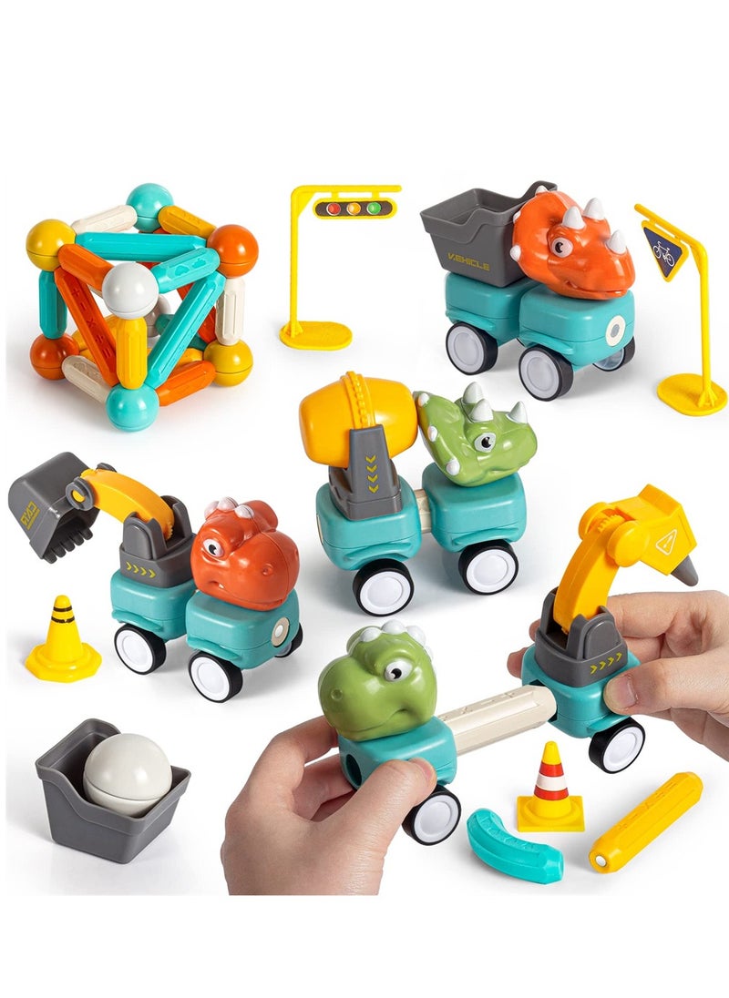 Magnetic Building Blocks Dinosaur Car Toys, 84PCS Toddlers Construction Truck Excavator Toys, STEM Preschool Magnet Toys, Creative Educational Building Toys for 3+ Kids Toddler Birthday Gift  - Image 1