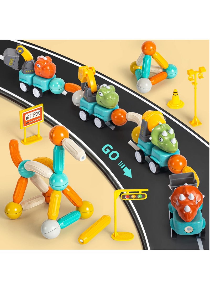 Magnetic Building Blocks Dinosaur Car Toys, 84PCS Toddlers Construction Truck Excavator Toys, STEM Preschool Magnet Toys, Creative Educational Building Toys for 3+ Kids Toddler Birthday Gift  - Image 3