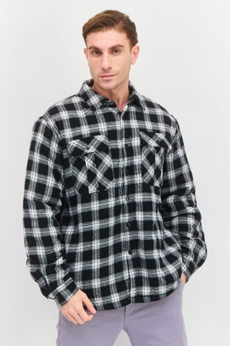 Silver Jeans Co Men Spread Collar Checkered Jacket Shirt, Black  - Image 1