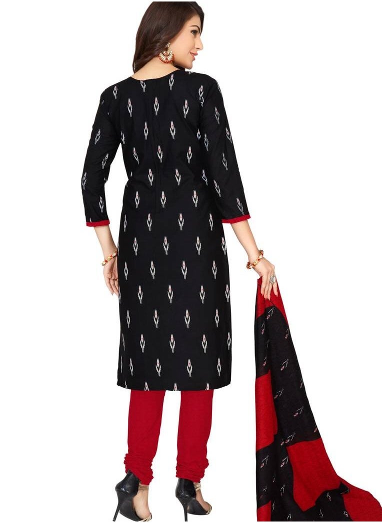 Generic - READYMADE WOMEN'S BLACK & RED COTTON PRINTED SUIT - 34 small xs Size with Dupatta - Image 1