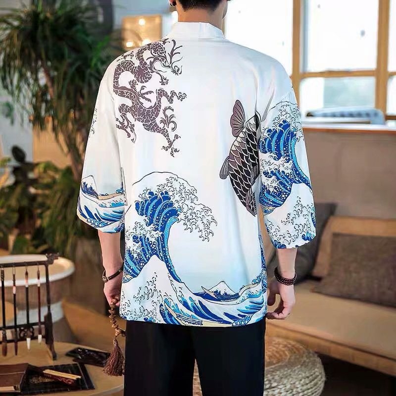 Trendy Korean Summer Mens Open Cardigan with Dragon Print 03 Waves White 