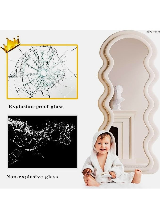 Vphom Irregular Wavy Full-Length Mirror with Velvet-Wrapped Wooden Frame (62.99in x 23.62 in) (160 cm x 60 cm) – Premium Floor, Standing, or Wall-Mounted Mirror for Bedroom & Living Room (White) - Image 3