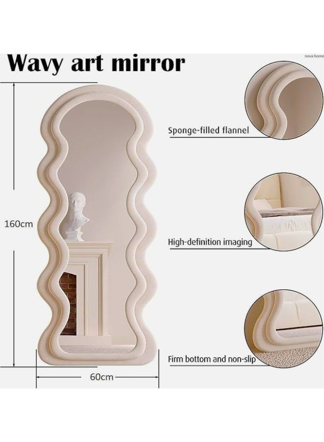 Vphom Irregular Wavy Full-Length Mirror with Velvet-Wrapped Wooden Frame (62.99in x 23.62 in) (160 cm x 60 cm) – Premium Floor, Standing, or Wall-Mounted Mirror for Bedroom & Living Room (White) - Image 4