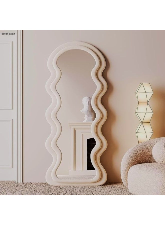 Vphom Irregular Wavy Full-Length Mirror with Velvet-Wrapped Wooden Frame (62.99in x 23.62 in) (160 cm x 60 cm) – Premium Floor, Standing, or Wall-Mounted Mirror for Bedroom & Living Room (White) - Image 5
