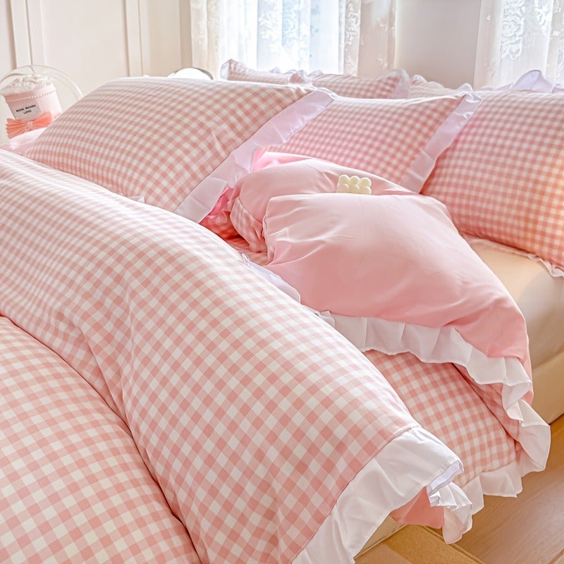 3pcs Pink Checkered Duvet Cover Set with 1* Duvet Cover + 2* Pillowcases, Geometric Pattern, Fresh Print, Soft and Comfortable, Suitable for Bedroom & Guest Room, All-Season Use, Machine Washable, Dorm-Friendly - Image 3