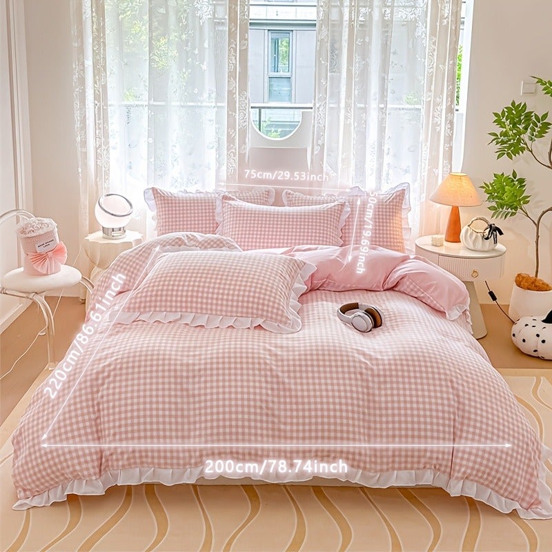 3pcs Pink Checkered Duvet Cover Set with 1* Duvet Cover + 2* Pillowcases, Geometric Pattern, Fresh Print, Soft and Comfortable, Suitable for Bedroom & Guest Room, All-Season Use, Machine Washable, Dorm-Friendly - Image 5