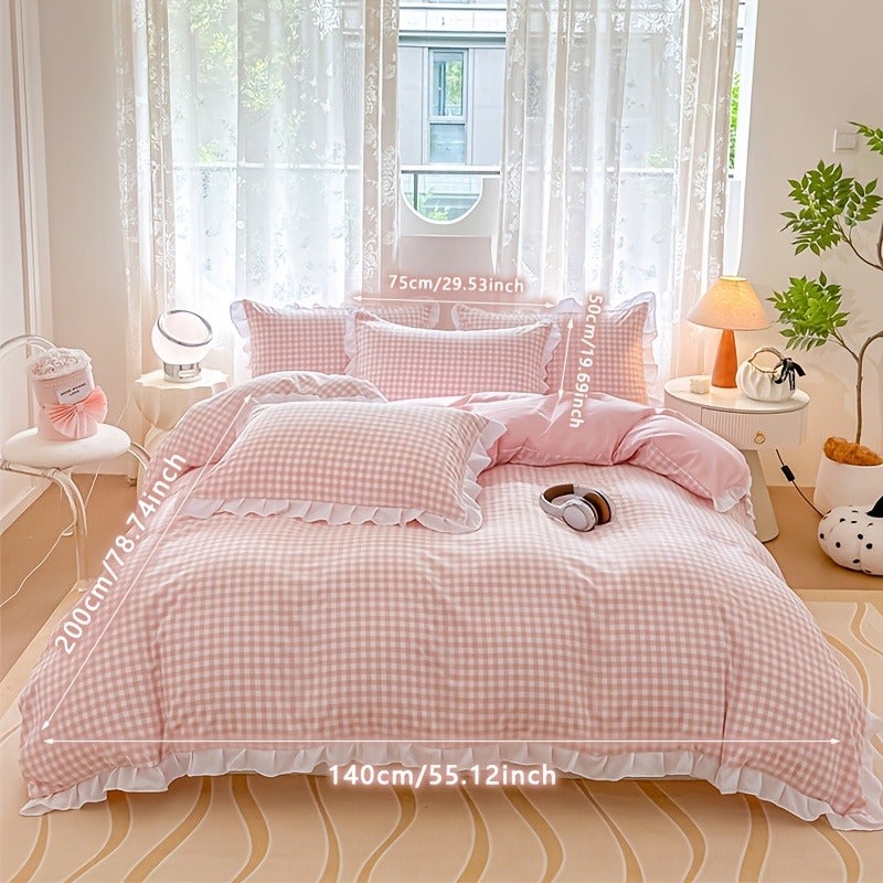 3pcs Pink Checkered Duvet Cover Set with 1* Duvet Cover + 2* Pillowcases, Geometric Pattern, Fresh Print, Soft and Comfortable, Suitable for Bedroom & Guest Room, All-Season Use, Machine Washable, Dorm-Friendly - Image 1