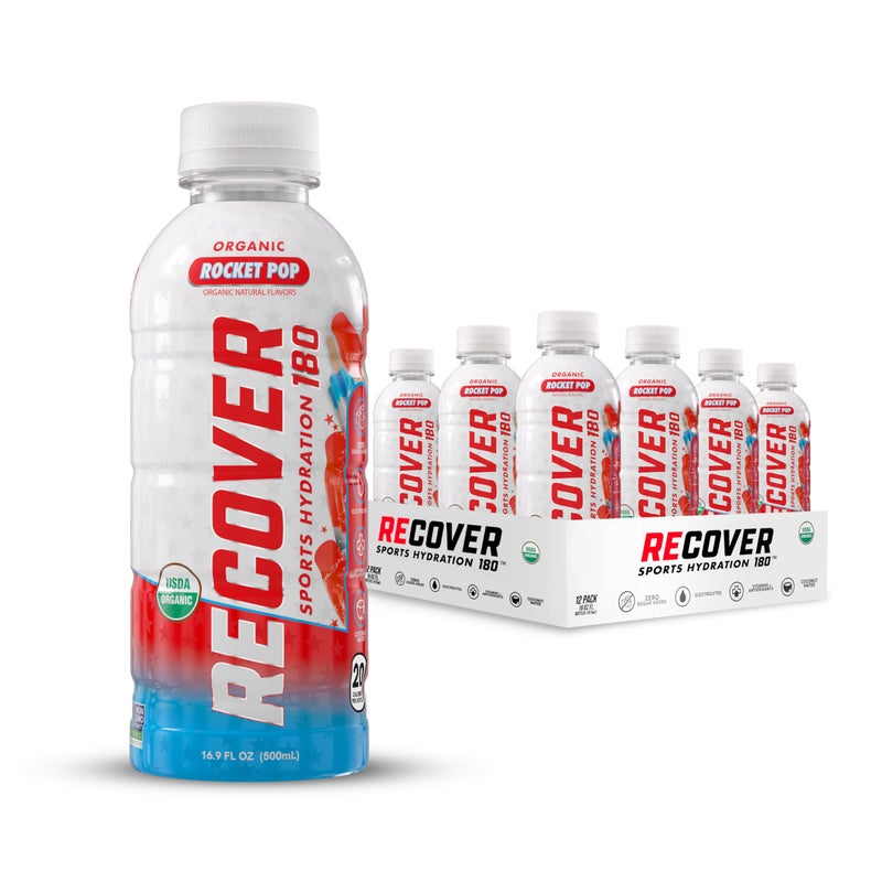 RECOVER 180 Organic Sports Hydration Drink, No Sugar Added, 20 Calorie Sports Beverage, Organic Flavors With Vitamins, Potassium-Packed Electrolytes (16.9 Fl Oz (Pack of 12), Rocket Pop) - Image 1
