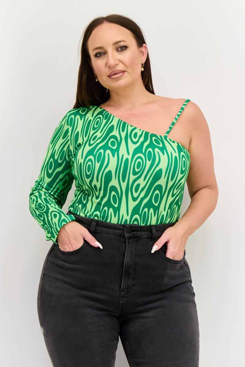 PUBLIC DESIRE Women Curvy Fit Scoop Neck Abstract Print Bodysuit, Multicolor - Image 1