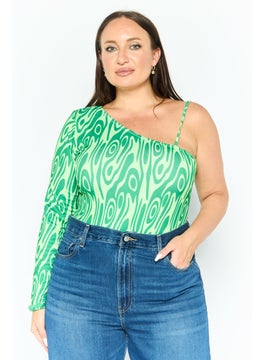 Women Curvy Fit Asymmetrical Neck Abstract Print Bodysuit, Green