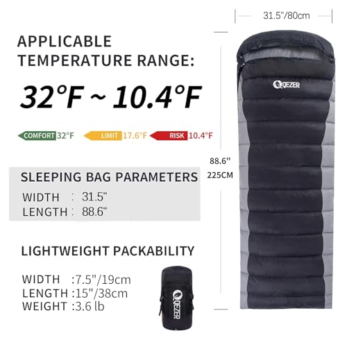 QEZER Down Sleeping Bag for Adults 600 Fill Power, Cold Weather Compact Ultralight All Seasons Sleeping Bag for Backpacking, Camping, Hiking - Image 2