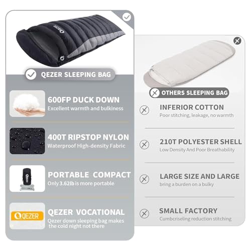 QEZER Down Sleeping Bag for Adults 600 Fill Power, Cold Weather Compact Ultralight All Seasons Sleeping Bag for Backpacking, Camping, Hiking - Image 4