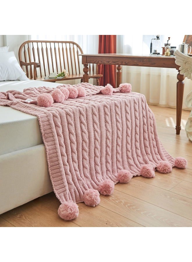 REPRECONF Chenille Chunky Knitted Throw Blanket with 14 pcs Pom Poms Tassel Super Soft Cozy Warm Blanket for Sofa Bed Soft Couch 50 x60 inches (Pink)?-¡­ - Image 1