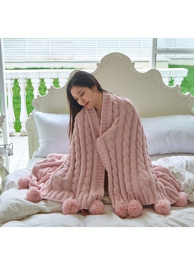 REPRECONF Chenille Chunky Knitted Throw Blanket with 14 pcs Pom Poms Tassel Super Soft Cozy Warm Blanket for Sofa Bed Soft Couch 50 x60 inches (Pink)?-¡­ - Image 4