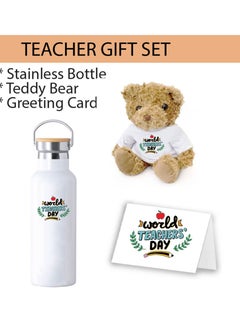PRINTSHOP4ME Teacher's Day Pack of 3 Combo Pack - Stainless Steel Bamboo Cap Flask Bottle 600ml, Teddy Bear and Greeting Card - Teacher's Day Gift Set - Gift for World Teachers Day  - Image 2