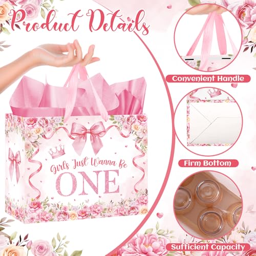 Innovoscape Pink Bow 1st Birthday Decorations for Baby Girls Just Wanna Be One Birthday Wrapping Paper Bag with Tissue Paper Greeting Card for Kids Bow Flowers 1 Year Old Bday Baby Shower Party Supplies - Image 5